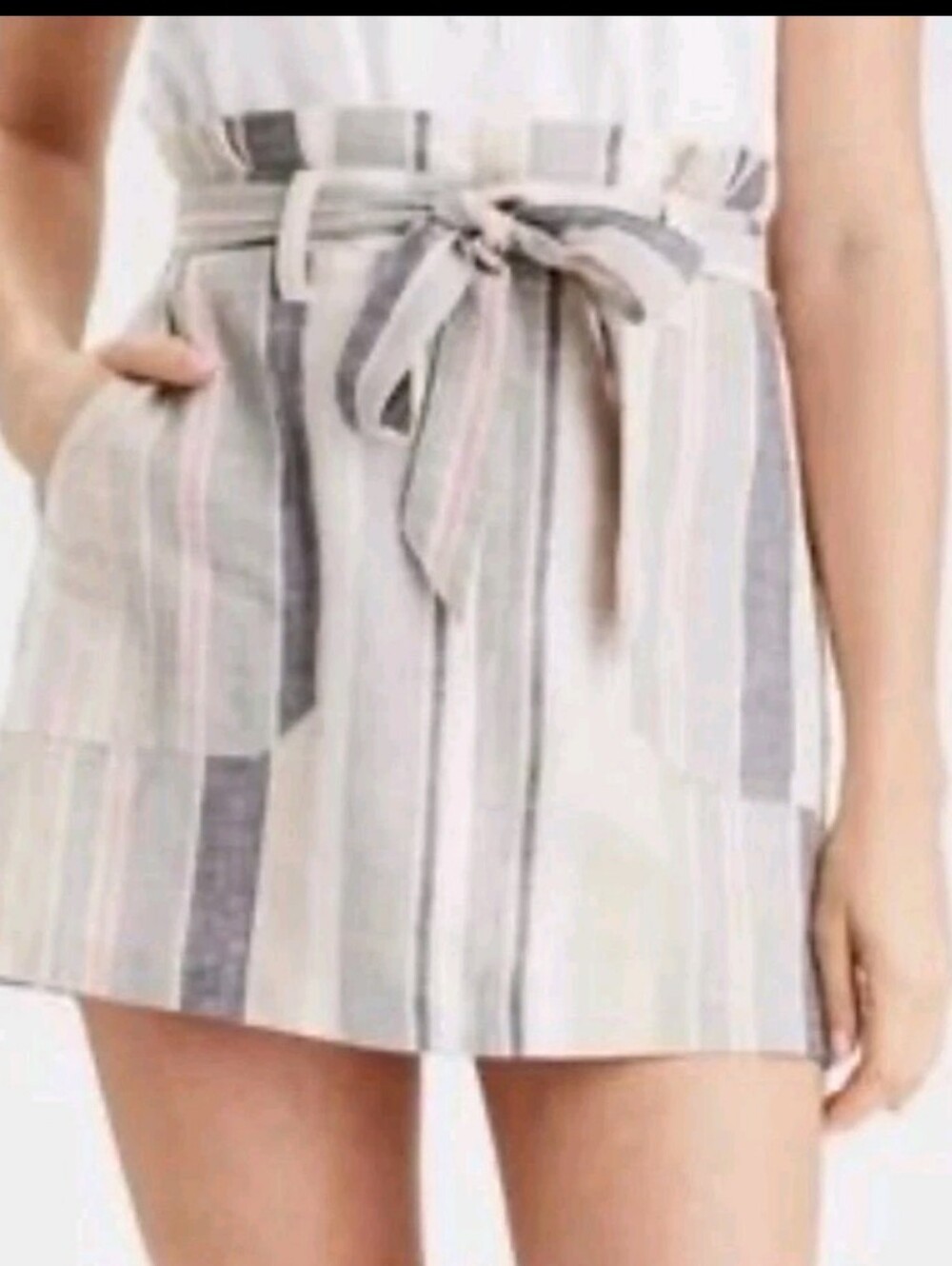 American Eagle Tan Gray Stripe Linen Cotton Paperbag Mini Skirt Size Medium
